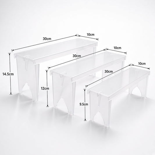 3 Pcs Large Clear Acrylic Display Risers, Heavy Duty 3-Tier Stand, Dessert & Cupcake Display Organizer for Cosmetics, Perfumes, Candles, Shoes & Parties, Tool-Free Assembly