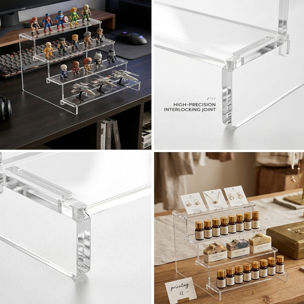 AMIAZI Acrylic 4-Tier Clear Display Riser Stand, Acrylic Organiser for Figures, Perfume, Dessert, Desktop, Nail polish, cosmetics, party events, cupcake stand riser