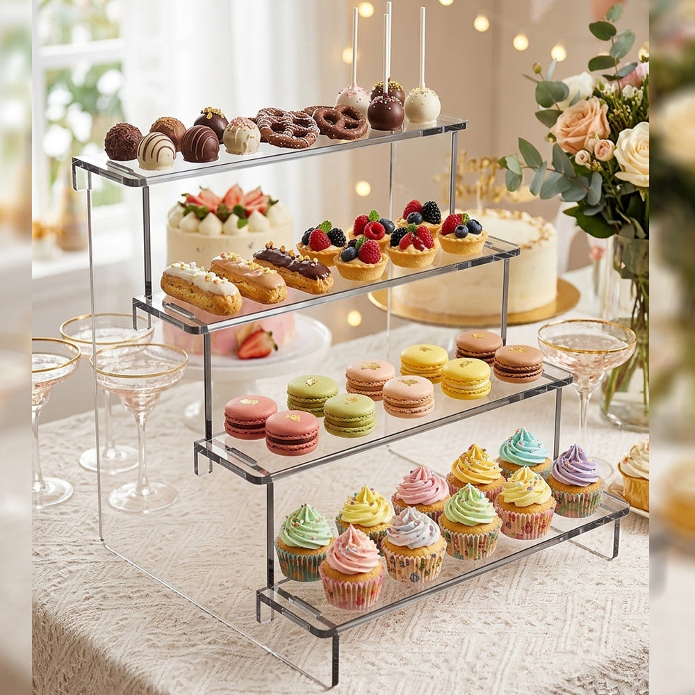 AMIAZI Acrylic 4-Tier Clear Display Riser Stand, Acrylic Organiser for Figures, Perfume, Dessert, Desktop, Nail polish, cosmetics, party events, cupcake stand riser