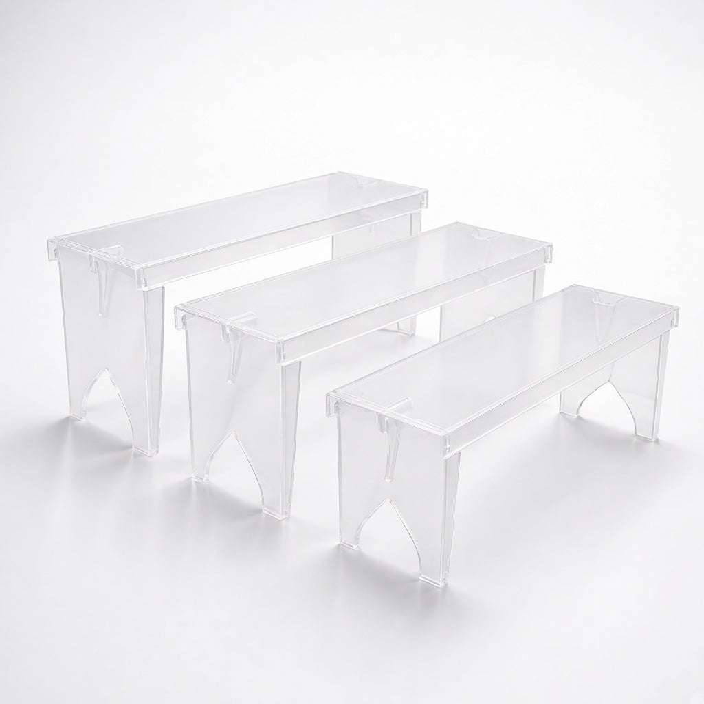 3 Pcs Large Clear Acrylic Display Risers, Heavy Duty 3-Tier Stand, Dessert & Cupcake Display Organizer for Cosmetics, Perfumes, Candles, Shoes & Parties, Tool-Free Assembly