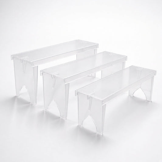 3 Pcs Large Clear Acrylic Display Risers, Heavy Duty 3-Tier Stand, Dessert & Cupcake Display Organizer for Cosmetics, Perfumes, Candles, Shoes & Parties, Tool-Free Assembly