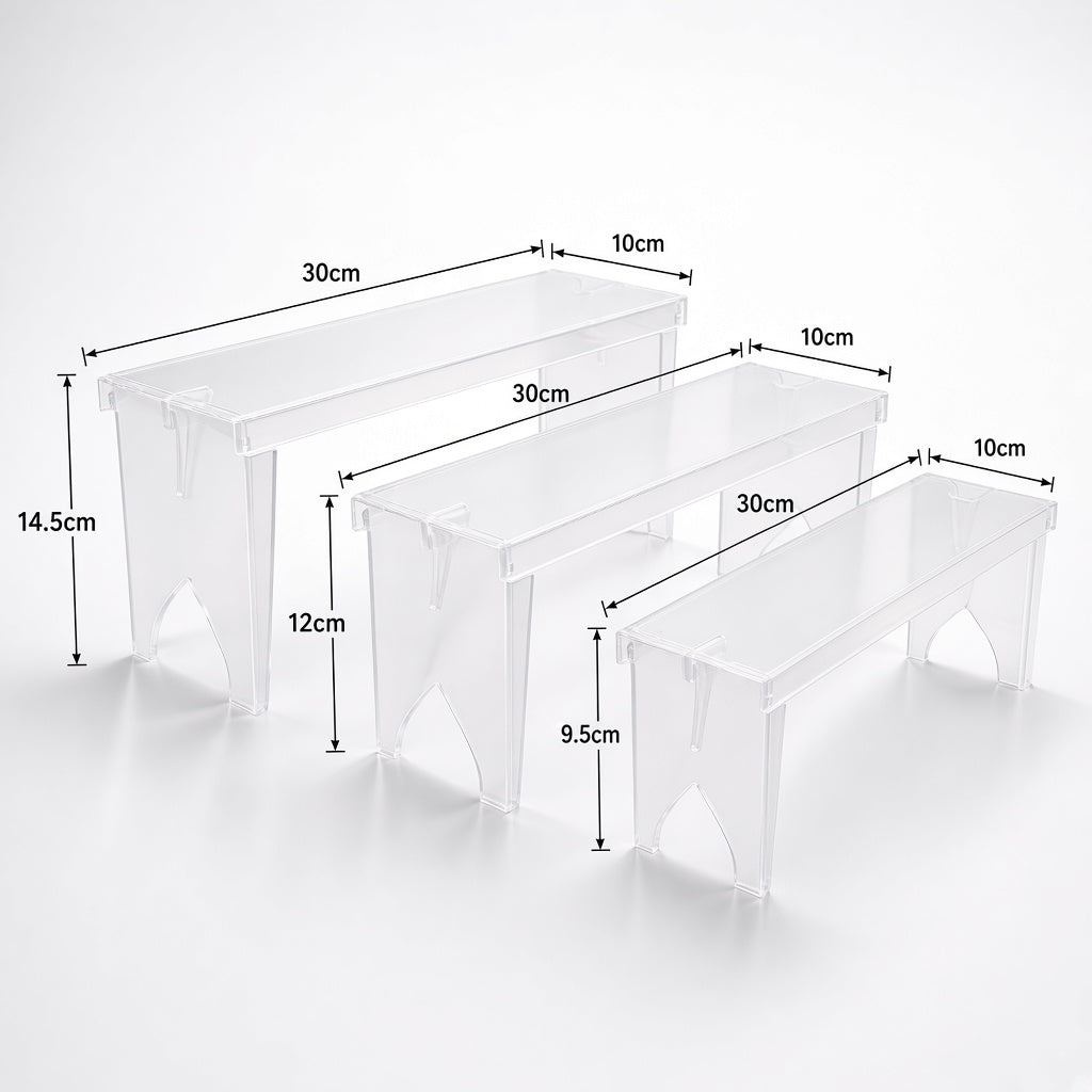 3 Pcs Large Clear Acrylic Display Risers, Heavy Duty 3-Tier Stand, Dessert & Cupcake Display Organizer for Cosmetics, Perfumes, Candles, Shoes & Parties, Tool-Free Assembly