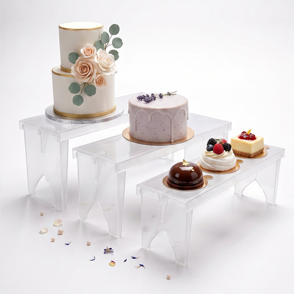3 Pcs Large Clear Acrylic Display Risers, Heavy Duty 3-Tier Stand, Dessert & Cupcake Display Organizer for Cosmetics, Perfumes, Candles, Shoes & Parties, Tool-Free Assembly